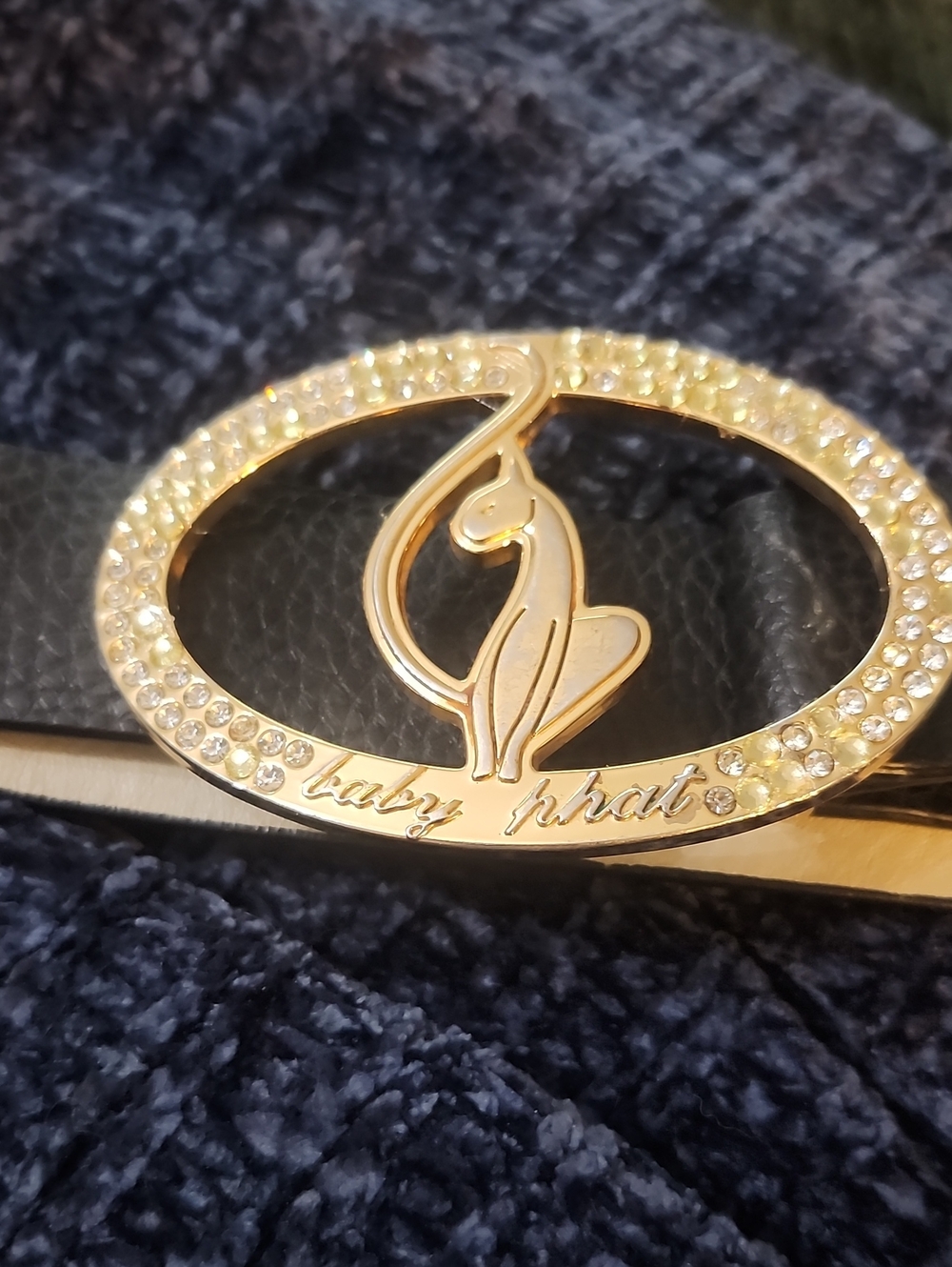 Baby Phat Goldtone Vintage Belt W/Cat Symbol & Crystals Black Split Leather Sz.M